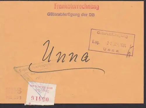 EDS mit Zug Frankaturrechnung Güterabfertigung der DB nach Unna 27.9.74