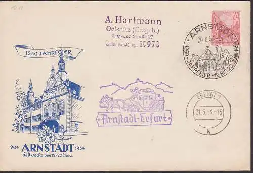 Arnstadt GA-Umschlag 1250 Jahre mit Postbeförderung Arnstadt - Erfurt 20.6.54 (PU 12)