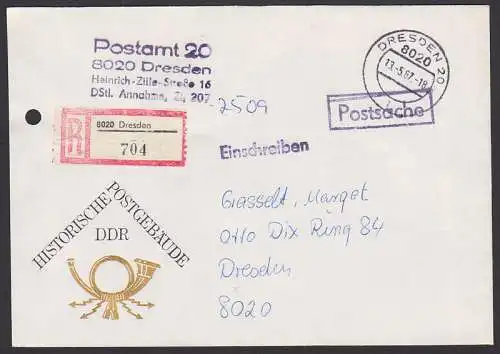 Dresden Postsache R-Brief 13.5.87, Verwendung eines gelochten Umschlages - Papierausnutzung