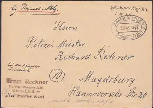 Ober-Lindow über Frankfurt (Oder) 3.10.45 hs "Gebühren bezahlt 1.10.45" in Litertatur unbekannt