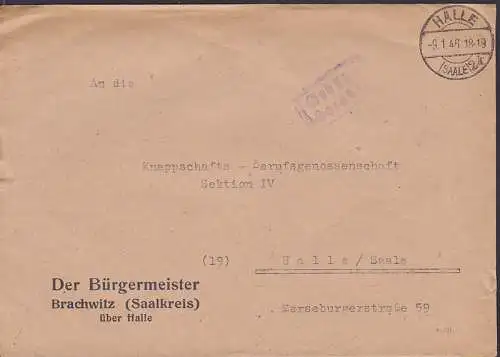 Brachwitz (Saalkreis) 9.1.46 R2 Gebühr bezahlt, Abs. Der Bürgermeister, Dienstpost, gepr. Kurze