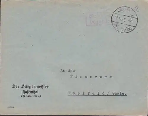 Hasenthal (Tühringer Wald) 27.11.45 R2 Gebühr bezahlt -Der Bürgermeister - Dienstpost