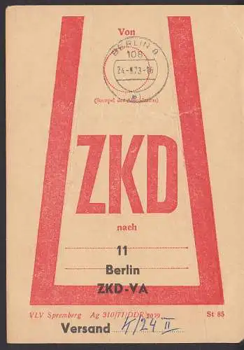 BERLIN 8 nach Berlin 11 ZKD-VA, ZKD-Beutelfahne, einmal benutzt 24.5.73