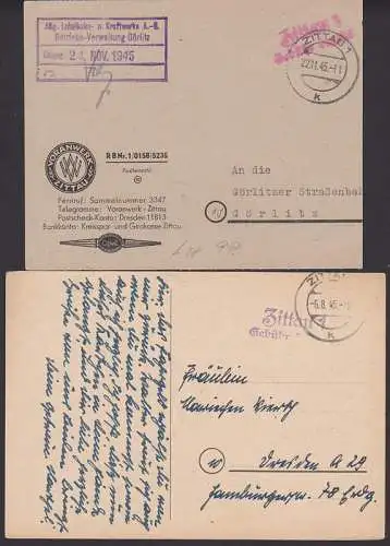 Zittau 6.8. bzw. 22.11.45 mit Z2 Gebühr Bezahlt in violett bzw. rot
