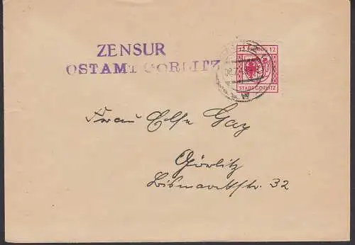 Görlitz Z2 ZENSUR (P)OSTMAT GÖRLITZ 8.7.45 mit 12 Pfg. Marke Stadt Görlitz