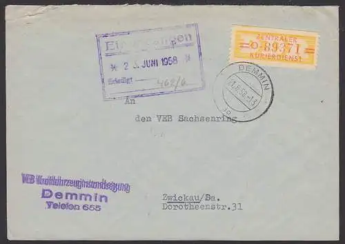 Demmin 21.6.58 ZKD-Brief mit B 17O, Kraftfahrzeuginstandsetzung