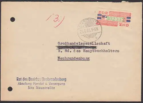 Neustrelitz Rat des Bezirkes ZKD Bf mit B27 W, Altstempel 28.6.60