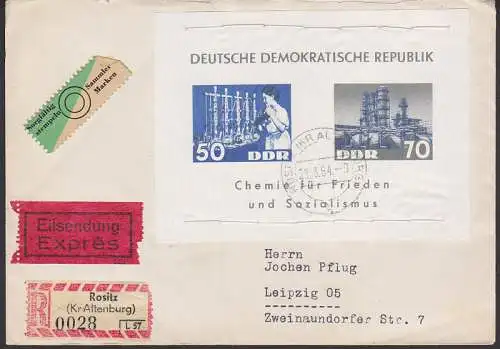 Chemieblock der DDR Bl. 18 auf R-Eil-Bf aus Rochlitz 28.3.64 portogenau, mit Faden befestigt, da ohne G