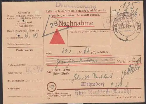 Bischofswerda nach Wehrsdorf über Neukirch NN-Ds 20.8.46 mit Barfreimachung, Aktenlochung