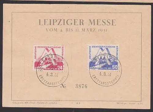 Gedenkblatt Leipziger Messe 1951 mit Nr. 3876 SSt. 4.3.51 (282/83)