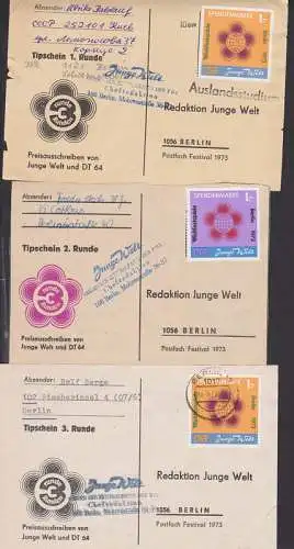 Weltfestspiele Berlin 1973 Spendenmarke DT64 Junge Welt 3 Karten