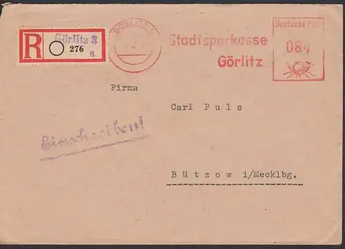 Stadtsparkasse Grlitz AFS 2.12.50, R-Bf mit Aushilfs-R-Zettel nach Btzow Mecklenburg