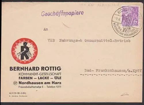 Nordhausen G.-Papiere mit 15 Pfg. Postarbeiterin am Fernschreiber (411) SSt. Rolandfest