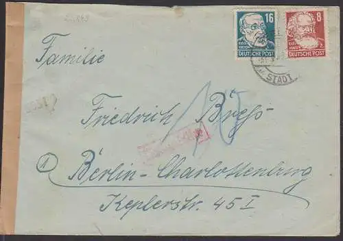 Beelitz  Stadt 22.8.49 nach Berlin-Charlottenburg kontrolliert mit St. 5051, Nachgebhr Postkrieg