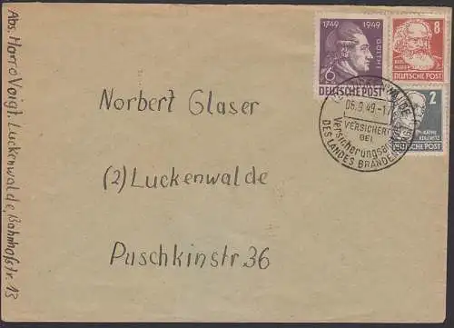 Luckenwalde Ortsbrief mit SSt. mit 6 Pfg J.W. von Goethe in MiF, 5.9.49
