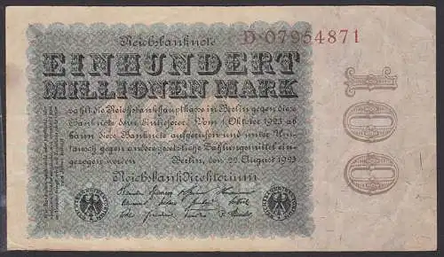 Reichsbanknote 100 Millionen Mark 22. 8. 23 Serie D Deutsches Reich Inflation