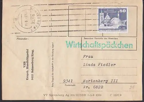 Schneeberg Wirtschafts-Pn-Adresse mit 80 Pfg. Rostock-Warnemünde Teepott, 25.10.66 (1920)