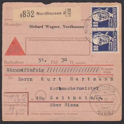 Nordhausen 80 Pfg. Ernst Thälmann im Paar, nach Zeithain über Riesa Paketkarte (226)