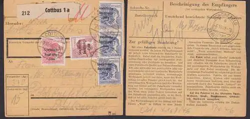 Cottbus 1a Paketkarte 2.10.48 mit SBZ-Frankatzr nach Schönefeld mit Zensursempel R2 "Geprüft P8"