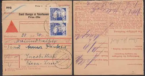 Nachnahme-Paket Pirna 10.11.53 mit 50 Pfg. Karl Marx nach Jacobsthal Riesa Land (224)