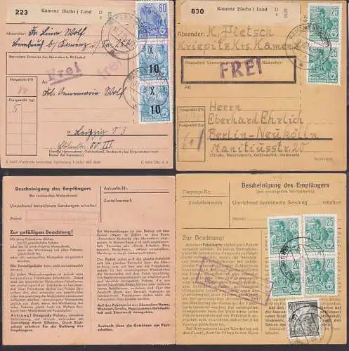 Krienitz, Bernbruch je über Kamenz zwei Paketkarten mit Landpoststempel