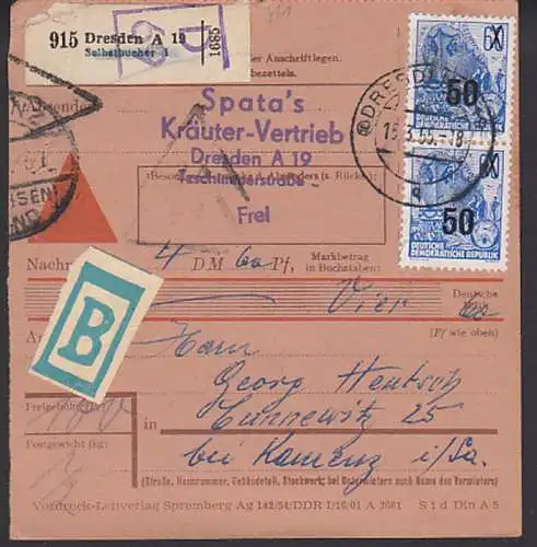 Beutelpaket mit Nachnahme aus Dresden Selbstbucher (461), selten MeF 15.3.55 nach Cunnewitz