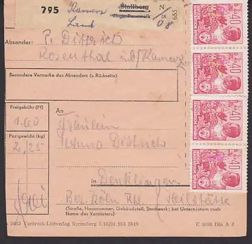 Kuriosum Paketkarte von Stallberg über Pasewalk hs. Kamenz Land, leider nicht entwertet