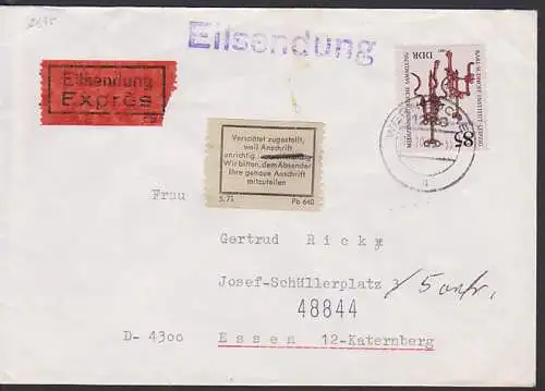 Medizinische Instrumente 85 Pfg. auf Eil-Auslands-Bf mit Aufkleber Pb 640 unrichtige Anschrift (2645)
