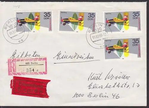 Agrarfllug 35 Pfg auf Eil-R-Doppel-Bf Berlin 1.3.68 portogenau (2518), rs. Eing.-St