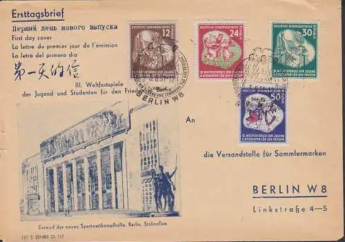 Weltfestspiele 1951 offizieller Ersttagsumschlag DDR FDC 289/92, Stalinallee Sportwettkampfhalle, saubere Erhaltung