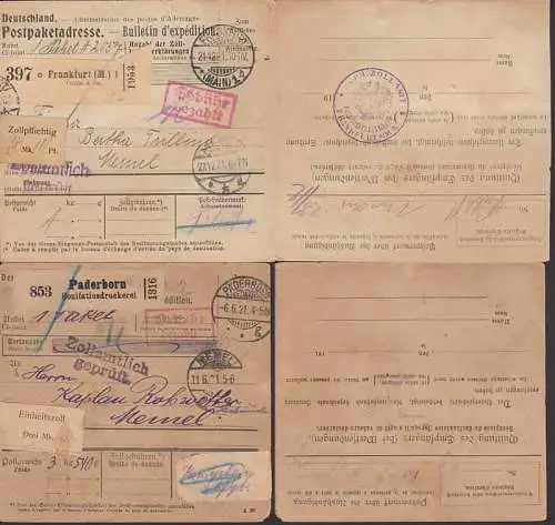 Auslands-Pkt-Karte nach Memel mit "Zollpflichtig"-Aufkleber 1921 aus Paderborn, Frankfurt (Main)