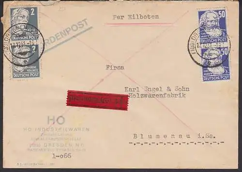 Dresden Behördenpost Eilsendung 17.12.51 mit 2, 50 Pfg. je senkr. Paar, Karl Marx, Abs. HO