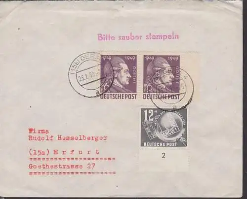 Johann Wolfgang v. Goethe Fernbrief aus Gera 25.2.50 mit Tag der Briefmarke 1949 (233,245), portogenau