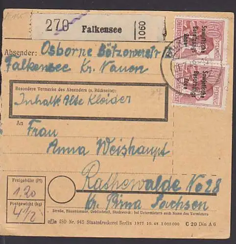 Falkensee 60 Pfg. mit SBZ-Aufdruck auf Pkt-Karte (A195(2)) nach Rathewalde (Bf-Kat. 150,-)