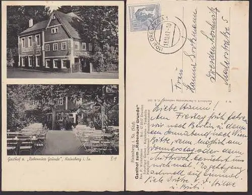 Hainsberg i. Sachsen Gasthof Rabenauer Gründe, Gebäude mit Fahnen und Biergarten Aufbrauch 13.10.47,
