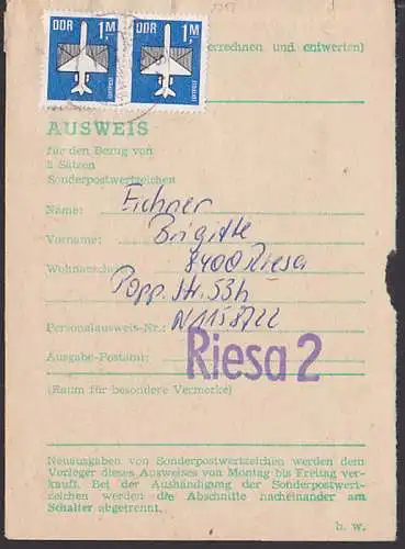 Luftpost 1,-M (2353) auf Sammlerausweis über 2 Sätze Riesa