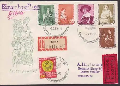 Gemälde der Dresdner Gemäldegalerie (697 u.a.) auf R-Eilbrief SSt. Berlin 6.7.59, portogenau