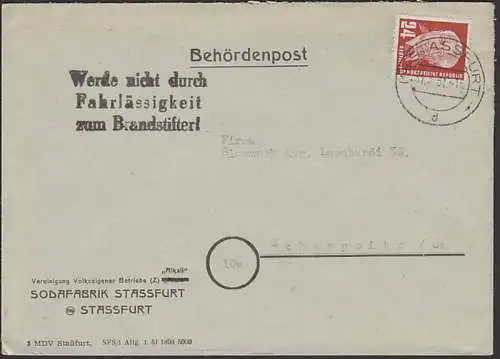 Stassfurt Behördenpost mit Z3 "Werde nicht durch Fahrlässigkeit zum Brandstifter!" 31.3.51