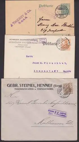 Geprüft und zu befördern drei R2-Stempel aus Hennef (Sieg), Hüningen (Oberels.), St. Ludwig (Eslsass)
