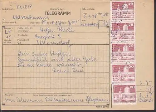 Altes Rathaus Leipzig 70 Pfg. im 5er Streifen auf Telegramm aus Saalhausen PSSt. (40) Freital (1881)