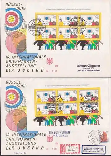 Düsseldorf Ausstellung der Jugend 1990, Block auf FDC bzw. gelaufen num. Umschläge