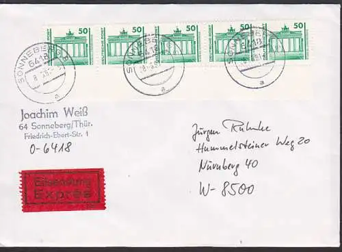 Sonneberg 28.3.91 mit Rollenmarke mit Rand Eil-Brief (3346 R RO -,-) Nr. 0765