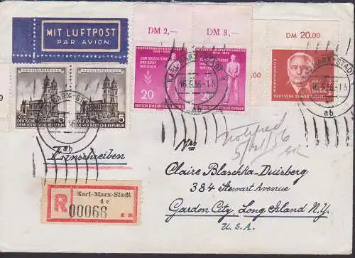 Rollstempel Karl-Marx-Stadt R-Bf mit 2 DM Wilhelm Pieck auf Lp-R-Brief nach USA (326)