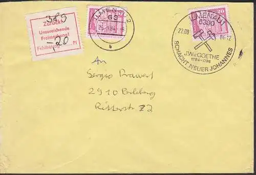 Ilmenau SSt. Schacht neuer Johannes, unterfrankiert 22.9.84, am 25.9. auffrankiert mit "zurck-Zettel"