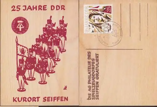 Holzfolie Karte Kurort Seiffen SSt. Spielzeugdorf 7.10.74, Bergmnner 25  Jahre DDR (1951)