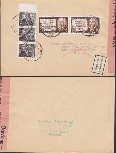 zollamtl. geöffnet mit Verschluss-Streifen auf Bf Leipzig nach Lomnice CSR mit Freiherr von Stein 2.1.54