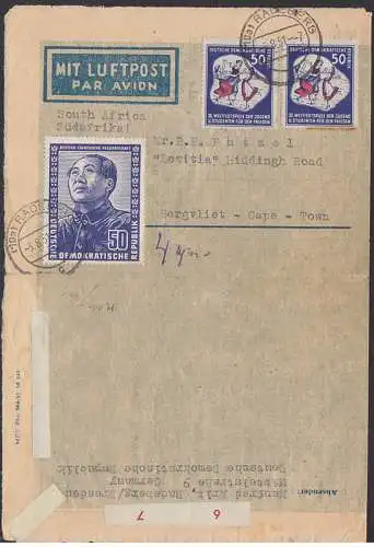 Lp-Brief mit Dv aus Radeberg mit 50 Pfg. Mao und Weltfestspiele nach Kappstadt Cape Town (288) 5.8.51