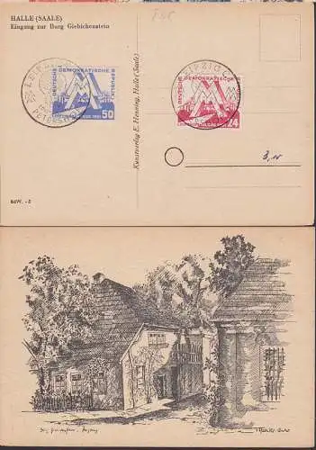 Leipzig Petershof SSt mit Messe 1951 4.8.51 auf Karte Burg Giebichenstein Halle