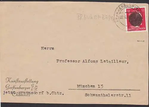 Falkenberg Sachsen Bf-Vorderseite mit 12 Pfg. Schsische Schwrzung, geprft BPP nach Mnchen