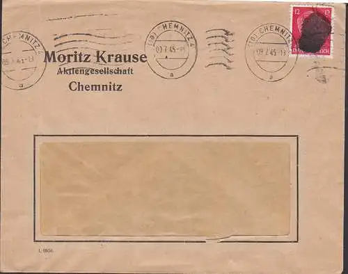 Chemnitz 9.7.45 mit 12 Pfg. Schsische Schwrzung, Abs. Moritz Krause